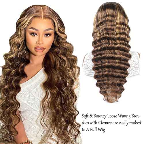 P4/27 Human Hair Bundles Loose Deep Wave Ombr? Highlighted Bundle with Closure-18,20,22+18inch, 10A Brazilian Loose Wave Raw Bundles Human Hair with 4x4 Lace Closure Honey Blonde Brown Color