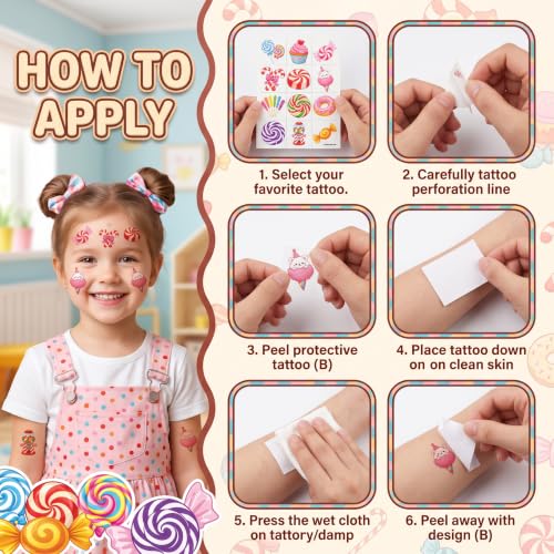 96 Candy Temporary Tattoos for Kids - Dessert Theme Party Favors