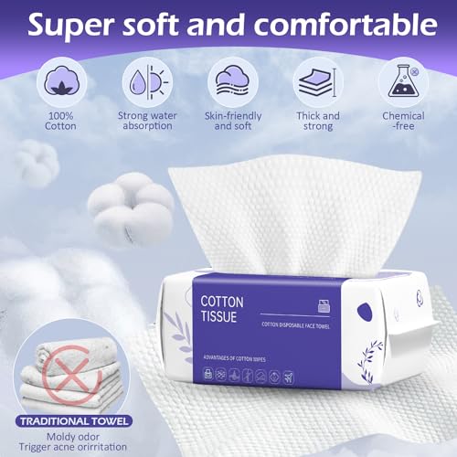 Disposable Face Towel 200 Count, Face Towels, Soft Cotton Dry Wipes Facial Cloths Towelettes for Washing and Drying, Facial Tissue for Cleansing, Skincare and Makeup Remover