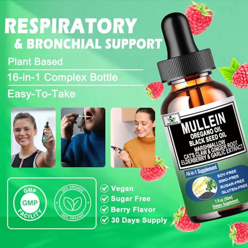 Organic Mullein Drops with Oregano & Black Seed Oil - 16-in-1 Respiratory Support