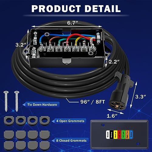 CheeMuii 7 Way Trailer Wiring Harness Kit 8 FT Trailer Cord with 7 Pin Trailer Plug and Junction Box Kit Premium Light and Brake Wiring Wires for Trailer RV