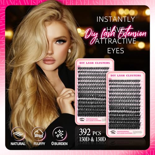 Lash Clusters Kit, 392pcs 150D Natural Fluffy D Curl Lashes Clusters 10-18mm Individual DIY Manga Wispy Cluster Eyelash Extensions Kit Fairy Flora Eyelashes with Bond Seal Tweezers Brush Remover