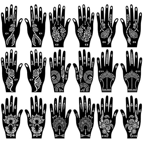 18 Sheets Temporary Tattoo Stencils, Indian Arabian Henna Tattoo Stencils, Glitter Airbrush Tattoo Stickers for Women Boys Girls Hand Body Art