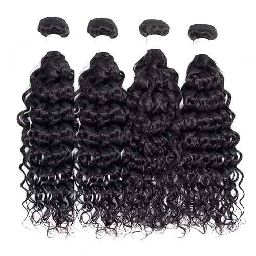 Foruiya Water Wave 4Bundles(50g/bundle) with 4X4 Lace Closure Curly Wave Human Hair Bundles with Lace Closure Brazilian Wet and Wavy Bundles with Closure (12/12/12/12+12" Closure)