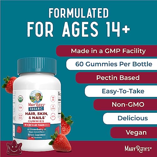 MaryRuth Organics Hair Skin and Nail | USDA Organic | Biotin Gummy with Vitamin C and E | for Ages 14+ | 60 Count