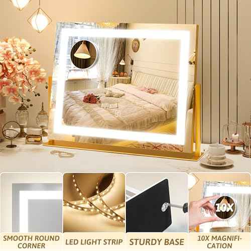 ROLOVE Vanity Mirror with Lights 22"x18", Lighted Makeup Mirror with 10X Magnification, Smart Touch 3 Colors Dimmable, 360¡Æ Rotation, Women Gift, Dresser Mount, Bathroom (Gold)