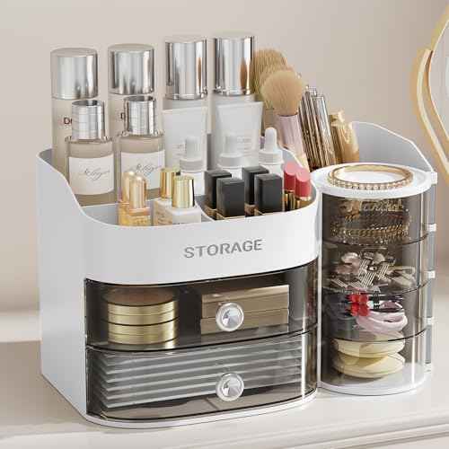 LAMU Makeup Organizer Countertop, Cosmetic Storage for Dresser Bathroom Countertop, Include 4-Tier Rotating Jewelry Box for Brushes, Skincare, Perfume, Office, Earring, Jewelry Organizer, White