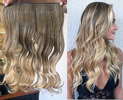 LK BUNANA 22" 24" One Piece Synthetic Straight Curly Wavy Clip in Ombre Hair Extensions Hairpieces (17" Curly One Piece, Ombre, Light Ash Brown- Sandy Blonde)