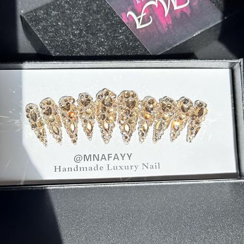Luxury Gems 100% Handmade Nails Gold Long Stiletto Press On Nails Full Cover 3D Rhinestone Crystal Gorgeous Reusable UV Finished Fake False Nails Acrylic Nail Kit With Box Gifts for Women L