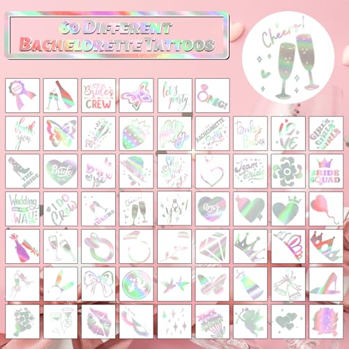 winthrop 120 Pcs Cheers Bachelorette Temporary Tattoos, Metallic Foil Bronzing Style, Individually Wrapped Waterproof Safety Tattoos, Best Choice for Bachelorette Party Bridesmaid Favor, 60 Designs