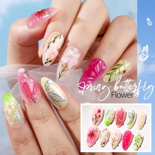 FANDAMEI Press on Nails, 4 Styles 120PCS 3D Flower Press on Nails Short Almond Fake Nails, Medium Almond 3D False Nails, Flower Butterfly Spring Summer Nails for Women
