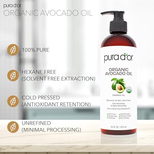 PURA D'OR 16 Oz ORGANIC Avocado Oil-100% Pure&Natural USDA Certified Cold Pressed Carrier Oil For DIY Beauty,Non-Greasy,Unscented,Hexane Free Liquid Moisturizer-Face Skin&Hair-Men-&Women,(Pack of 2)
