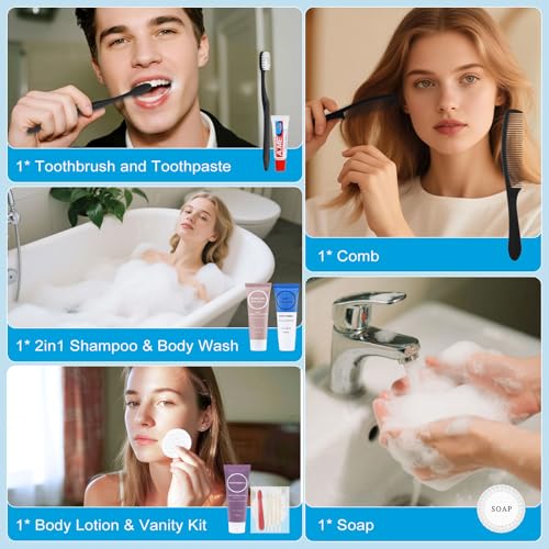 Toiletries Kits Bulk Disposable Travel Supplies, Personal Hygiene Care Essentials Men Women Trial Size Toiletry Sets Amenities for Hotel/Camping/ Charity/Homeless/Shelter/Relief 7 in 1 (5 Pack)