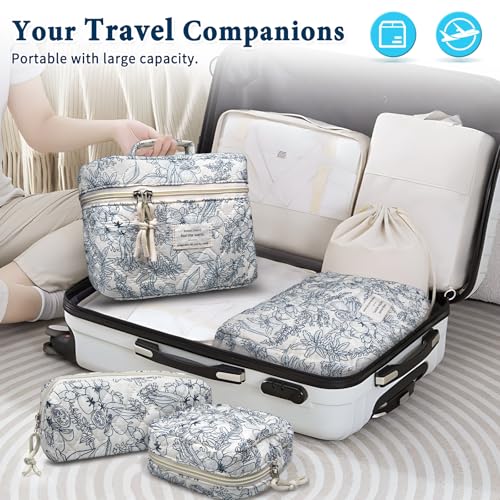 VIWIME Makeup Cosmetic Bag, Large Cotton Quilted Travel Coquette Aesthetic Cute Floral Make up Bag for Women Toiletry Bag Organizer (209 - Lao Lan/4Pcs)