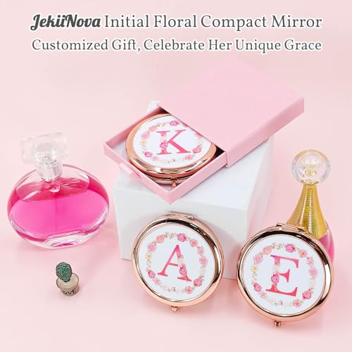 Jekiinova Rose Gold Floral Initial Compact Mirror Personalized Gift for Sister Women