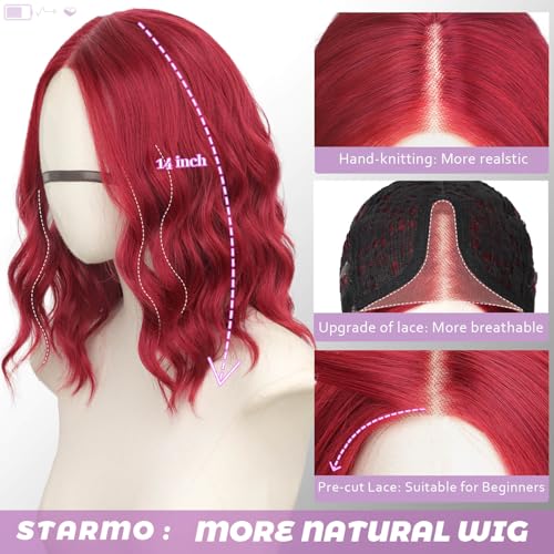 Berry Red Wavy Bob Wig - Glueless Synthetic Lace Front 14 Inch