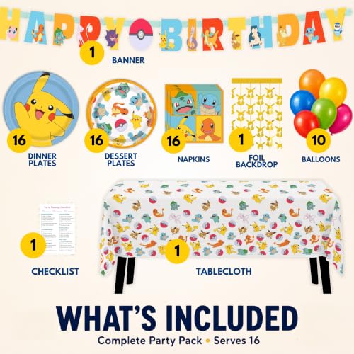 Pokemon Birthday Party Supplies Bundle for 16 - Banner, Plates, Balloons & Backdrop
