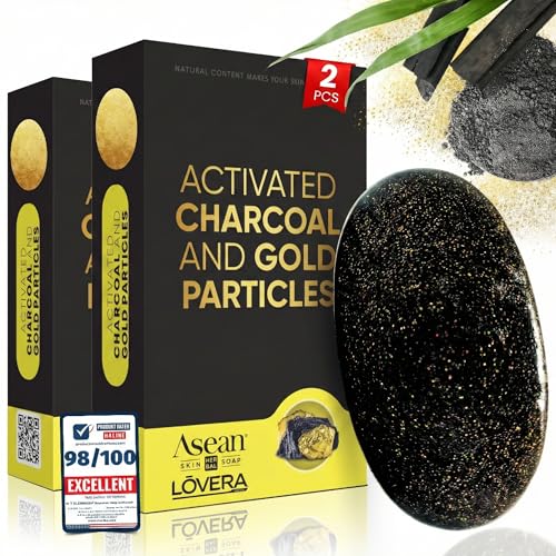 Premium 2X African Black Soap with 24K Gold Collagen Vitamin C Natural Handmade Charcoal Bar for Deep Cleansing Brightening Acne Control Face & Body 100% Egyptian