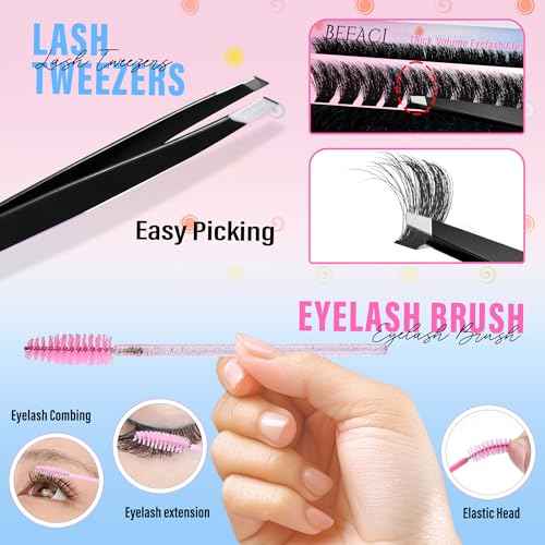 Lash Clusters Kit Fluffy Eyelash Extensions Kit 280D Individual Eyelashes Kit 14-25mm DIY Lashes Extension Kit with Lash Bond and Seal, Lash Applicator, Mega Volume False Eyelashes Kit by BEFACL