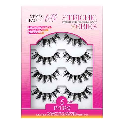 VEYESBEAUTY False Eyelashes Wispy Lashes Lightweight Natural Look Fluffy Faux Mink Thin & Invisible Band Manga Lashes, Comfortable and Reusable, 5 Pairs