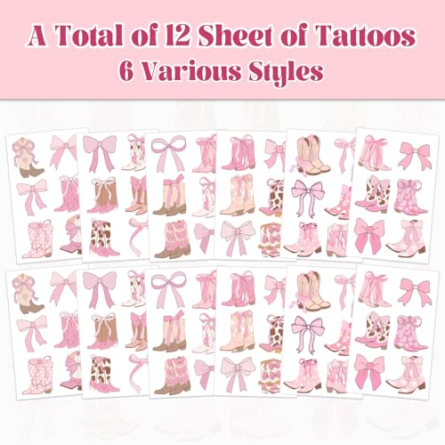 Cowgirl Boots and Bows Temporary Tattoos - 12 Sheet Party Favors