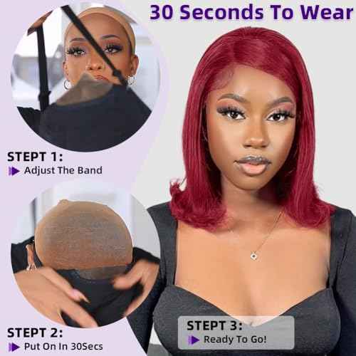 Burgundy 5x5 HD Lace Closure Bob Wig Human Hair Glueless Wear and Go Wigs for Black Women 200 Density Virgin Hair Pre Cut Pre Plucked Bleached Knots Glueless Wig 14 Inch 99J Free Part Bob