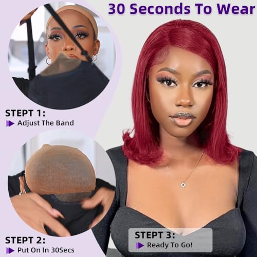 Burgundy Bob Wig Human Hair 5x5 HD Lace Closure Wigs Human Hair Glueless Straight Bob Wigs for Black Women Pre Plucked and Pre Bleached Knots Pre Cut Wear and Go 200 Density 12 Inch Short Wig