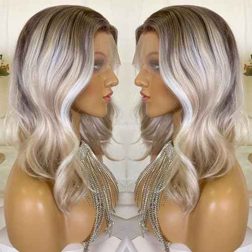 Short Ash Blonde Wigs Highlight Platinum Color Ombre Silver Hair Bob Style 13x4 Lace Front Wig 14Inch Pre Plucked for Women Girls