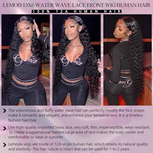 Lemoda 13x6 Water Wave Lace Front Wigs Human Hair 18 inch HD Lace Brazilian 15A Deep Wave Frontal Wigs 180% Density 13x6 Curly Human Hair Wig with Baby Hair Glueless Water Wave Wig For Black Women