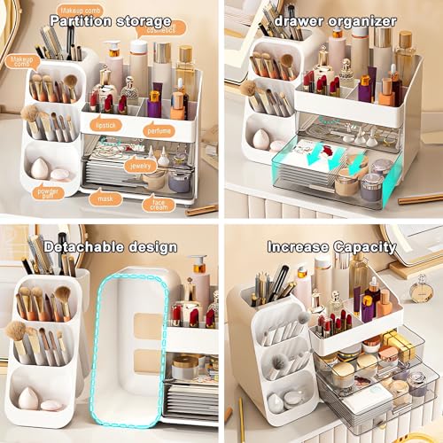 DASITON Makeup Organizer with Brush Holder for Vanity, Bathroom Countertop Organizer with 2 Drawers, Large skincare storage organizers for perfume, lipstick, Nail Polishes and Beauty Essential (White)
