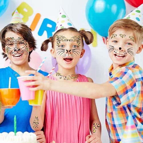 Leopard Face Stickers - 4 Sheets Halloween Temporary Tattoo Stickers for Face & Body - Wild Animal Print Fake Tattoos for Costume, Party, Festival, Tiger & Leopard Makeup