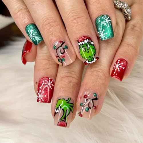 Christmas Press on Nails Short Square Fake Nails with Snowflake Green Monster Cute Cartoon Designs Xmas Nails Glitter Red Green Winter False Nails Full Cover Christmas Glue on Nail for Women 24Pcs