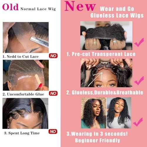 Wear And Go Glueless Wigs Human Hair Pre Plucked Pre Cut Short Curly Human Hair Wigs For Black Women 180% Density Water Wave Lace Front Wigs 4x4 Lace Closure Wig 12 Inch Natural Black
