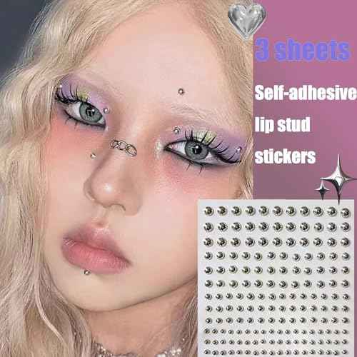 NOOEPC Face Gems Lip Stud, Fake Piercings y2k Accessories Nose Stud Eyebrow Stud, Non Piercing Nose Stick on Silver Belly Button Sticker, Face Sticker Ring Cool Punk Y2K Makeup for Women Men