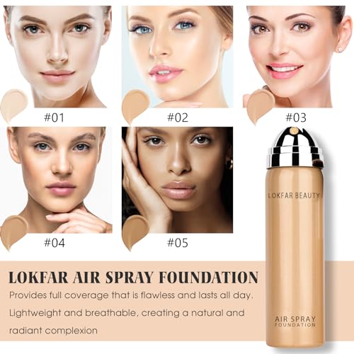 LOKFAR AirBrush Foundation Spray, Silky Mist Foundation Spray Makeup Set with Brush, Full Coverage Foundation for Smooth Radiant Finish, Formula Breathable Lightweight Hydrating | #01 Porcelain