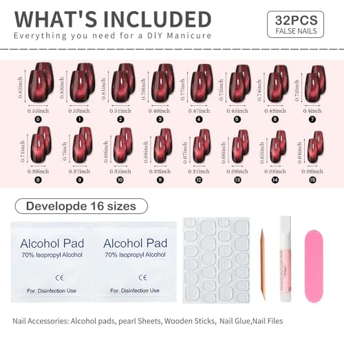 Stbisen Midnight Blaze Burgundy Cat Eye Press On Nails - Medium Coffin, Glossy Fake Nails, Reusable Acrylic, 32 Pcs