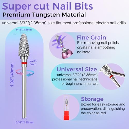 3/32" Carbide Nail Drill Bit - Fine Grit Tungsten for Acrylic & Gel Removal