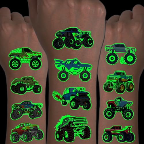 Luminous Monster Truck Temporary Tattoos for Kids - 12 Sheets Glow in the Dark Monster Truck Tattoos for Kids Monster Truck Birthday Decorations