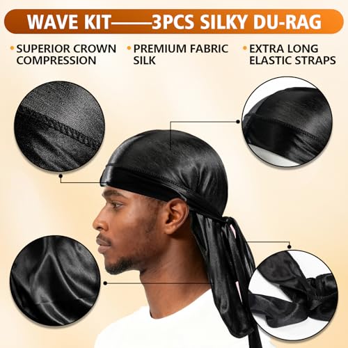 360 Wave Kit for Men - 3 Brushes, Durags, Pomade & Oil