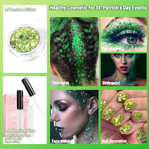 Allstarry 4-Color Green Face Glitter Set with Adhesive