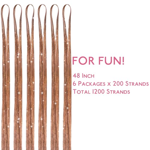 WENNALIFE 48 Inch Golden Brown Fairy Hair Tinsel Kit - 6 Pack, 1200 Strands, Heat-Resistant Glitter Extensions for Girls and Events