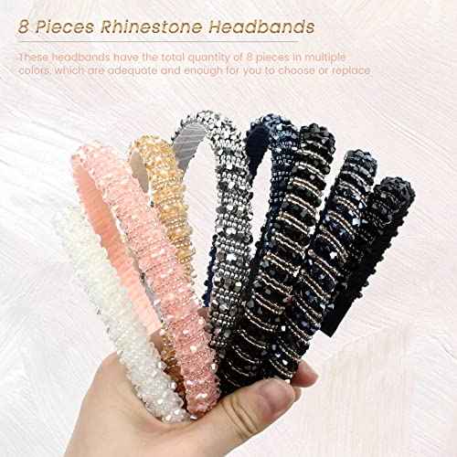 Lawie 8 Pack Baroque Hairbands Crystal Rhinestone Headband Beads Diamond Jeweled Sparkly Glitter Bling Padded Wide Headbands Cross Hair Bands Thick Hair Holder Accessories for Women Girls