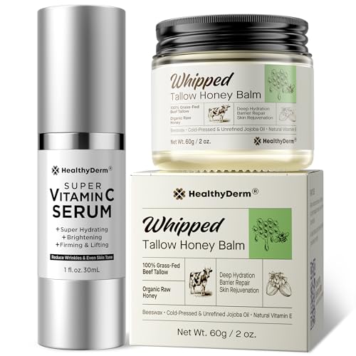 Super Vitamin C with Beef Tallow Honey Balm for Skin Duo ? with Peptides & Niacinamide for Face Wrinkles, Lifting, & Age Spots | Complete Anti-Aging Skincare Set for Restoring Radiance to Mature Skin