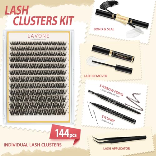 LAVONE Lash Clusters Kit 144pcs D Curl DIY Eyelash Extensions