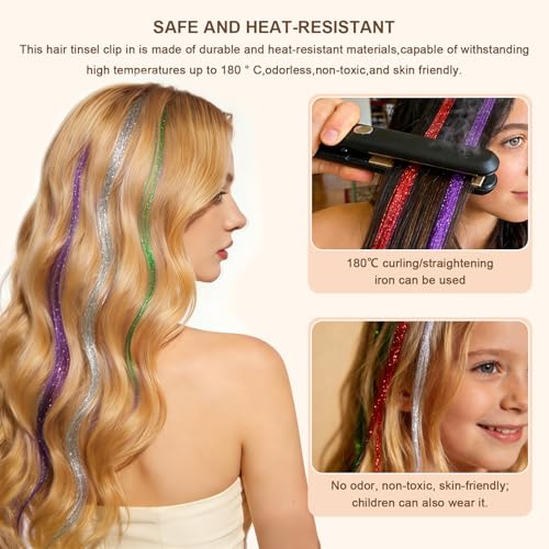 Leuceiy 20-Inch Hair Tinsel Clip-Ins for Girls - Heat Resistant & Reusable