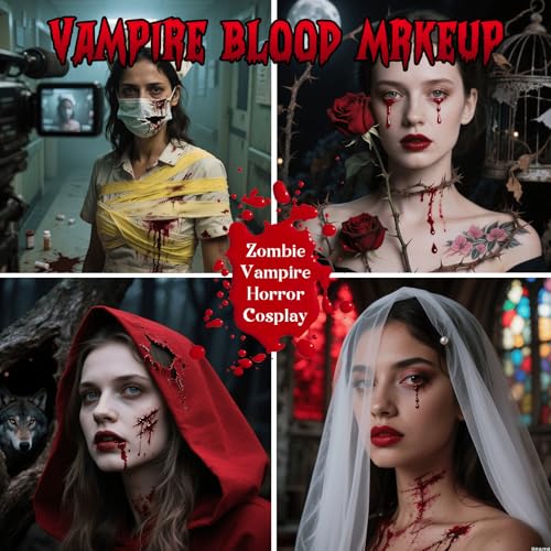 Vampire Blood Fake Blood Kit - Coagulated Gel, Spray & Dripping Liquid for Realistic Vampire Zombie SFX Makeup, Skin-Safe Washable Special Effects Blood for Halloween Cosplay Costume Party