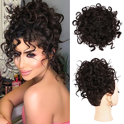Lommel Messy Bun Hair Piece for Women - Dark Brown, Elastic Drawstring, Curly Synthetic Hair Extension