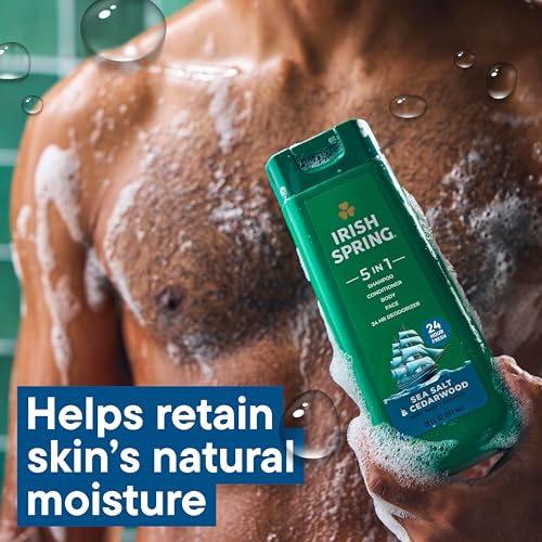 Irish Spring 5 in 1 Moisturizing Body Wash for Men, Shampoo, Conditioner, Body and Face Wash, and 24 Hour Deodorizer, Paraben-Free, Sea Salt & Cedarwood Scent, 20 fl oz, 4 Pack