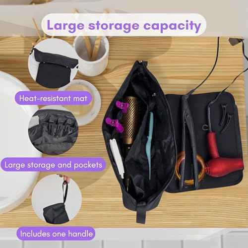 Large Hair Tools Travel Bag and Heat Resistant Mat ? Hot Hair Tools Organizer for Flat Iron, Curling Iron, Hair Dryer ? 2-in-1 Portable Case for Women Bag (19 x 6.5 in) Mat (11 x 15 in)