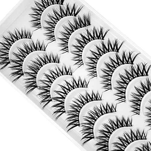 Bluesmurfs False Lashes 3D Cat-Eye Volume Eyelashes Clear Band Lashes Natural Look Faux Mink Invisible Strip Wispy Fake Lashes 10 Pairs